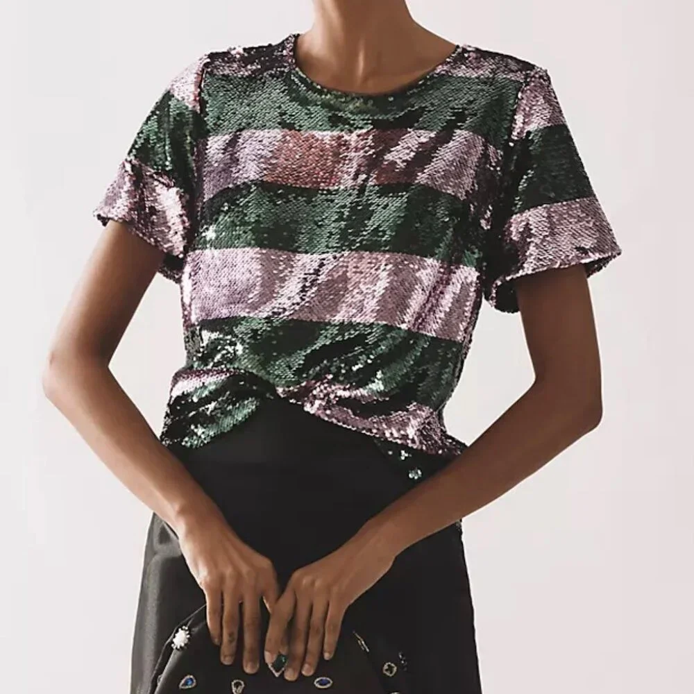 NWT Anthropologie Maeve Short-Sleeve Sequin Striped Top in Purple Motif - Picture 1 of 6